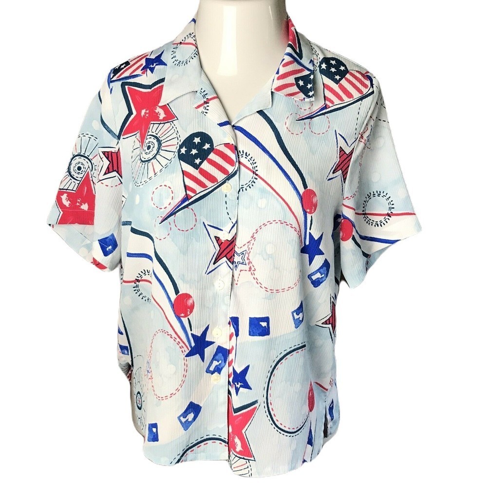 Alia Button Up Collared Shirt ~ Sz 10P ~ Red, White, Blue ~ Short Sleeve ~ Stars